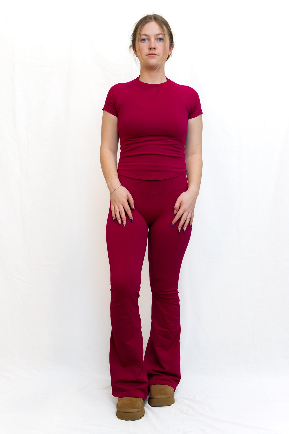 [colour:dragonfruit pink] dragonfruit pink flares front tee